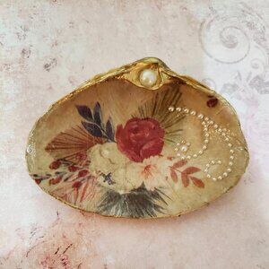 Shells Decoupage Floral w/ Faux Pearls Gold Leaf Trim Gift Art Trinket Dish